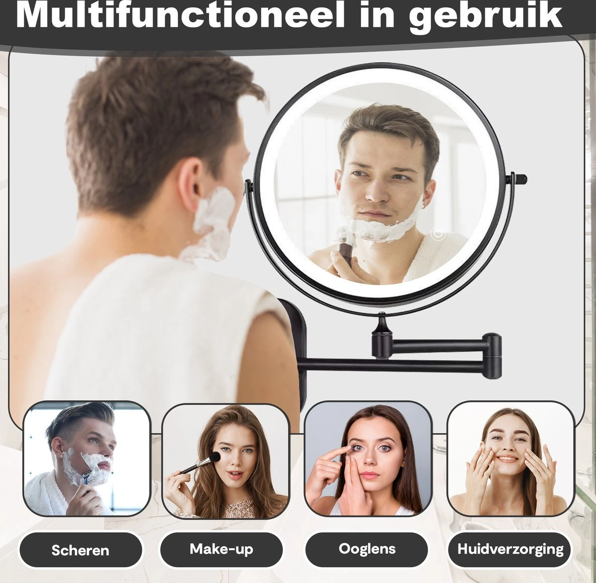 Make Up - Spiegel - Led Verlichting - 10X Vergroting - 3 Lichtstanden - Wandspiegel Rond - Badkamer - Mat Zwart - Draadloos 3 Make Up - Spiegel - Led Verlichting - 10X Vergroting - 3 Lichtstanden - Wandspiegel Rond - Badkamer - Mat Zwart - Draadloos - Afbeelding 3