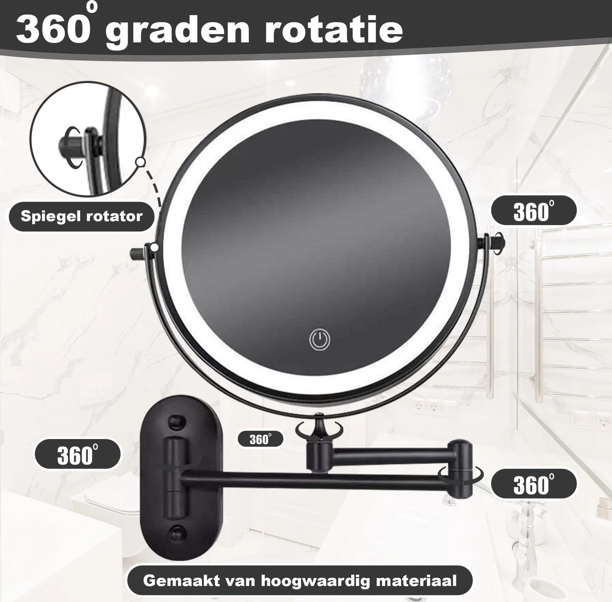 Make Up - Spiegel - Led Verlichting - 10X Vergroting - 3 Lichtstanden - Wandspiegel Rond - Badkamer - Mat Zwart - Draadloos 6 Make Up - Spiegel - Led Verlichting - 10X Vergroting - 3 Lichtstanden - Wandspiegel Rond - Badkamer - Mat Zwart - Draadloos - Afbeelding 6