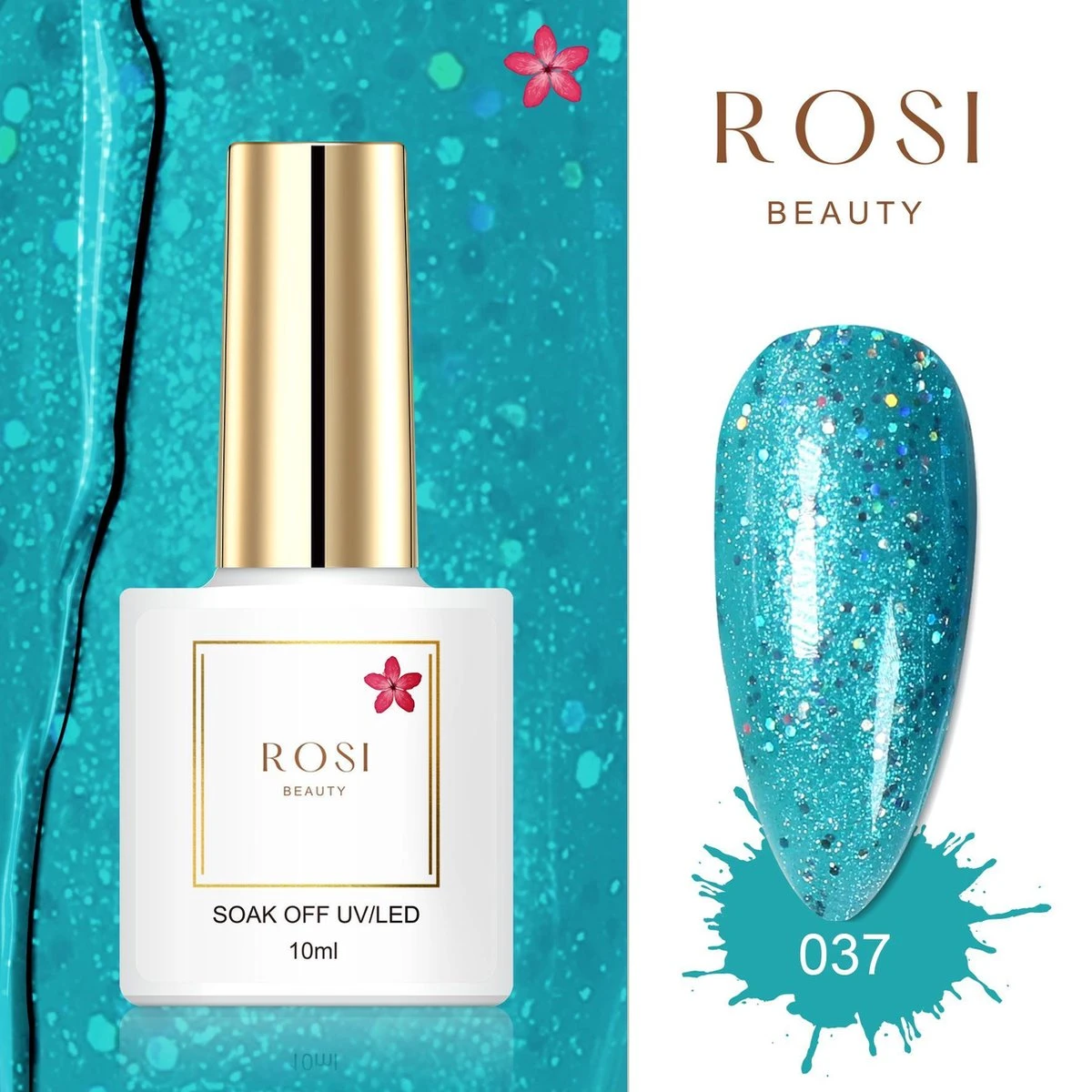 ROSI Beauty Gelpolish - Gel Nagellak - Gellak - 10 ML - UV & LED - Blauw 037 Ocean Glitter Blue 1 ROSI Beauty Gelpolish - Gel Nagellak - Gellak - 10 ML - UV & LED - Blauw 037 Ocean Glitter Blue