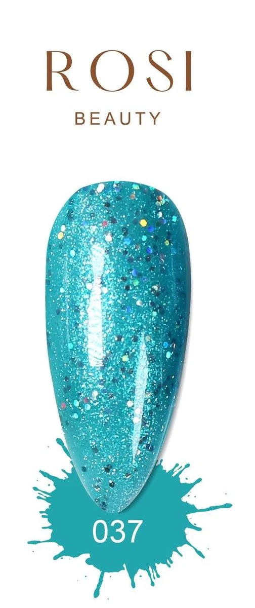 ROSI Beauty Gelpolish - Gel Nagellak - Gellak - 10 ML - UV & LED - Blauw 037 Ocean Glitter Blue 2 ROSI Beauty Gelpolish - Gel Nagellak - Gellak - 10 ML - UV & LED - Blauw 037 Ocean Glitter Blue - Afbeelding 2