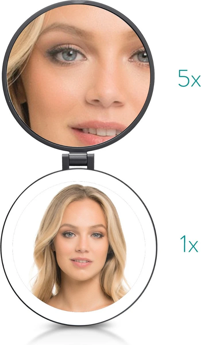 Navaris 1x/5x Vergrotende Make-up Spiegel - Compacte Opvouwbare Kap- En Reisspiegel - Led-verlichte Dubbelzijdige Make-upspiegel - Zwart 3 Navaris 1x/5x Vergrotende Make-up Spiegel - Compacte Opvouwbare Kap- En Reisspiegel - Led-verlichte Dubbelzijdige Make-upspiegel - Zwart - Afbeelding 3