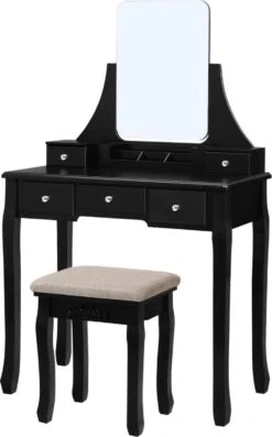 Merkloos Kaptafel, Kaptafel Met Grote Spiegel Zonder Frame, Toilettafel, Kaptafel, Voor Make-up, Gewatteerde Kruk, 5 Laden, Verplaatsbare Opbergdoos, Zwart RDT25BK -Maybelline Beauty Verkoop 747x1200