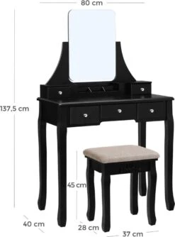 Merkloos Kaptafel, Kaptafel Met Grote Spiegel Zonder Frame, Toilettafel, Kaptafel, Voor Make-up, Gewatteerde Kruk, 5 Laden, Verplaatsbare Opbergdoos, Zwart RDT25BK -Maybelline Beauty Verkoop 888x1200 1